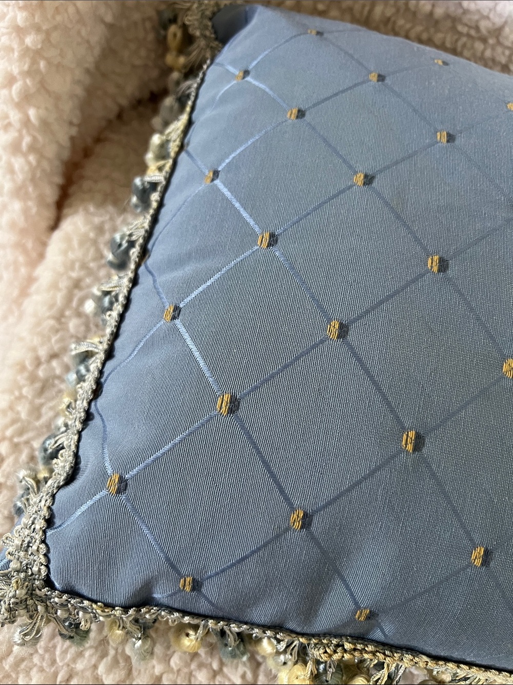 Decorative Blue Tufted Throw Pillow with Multicolor Fringe - 12”x12” - Picture 3 of 3